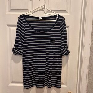 Splendid Women's Striped Navy Blue Gray‎ Roll Tab Sleeve Top Large Made in USA